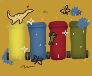 some drawn trash-cans with a dino on one